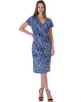 Navy Geometric Print Knee Length Short Sleeve Faux Wrap Dress