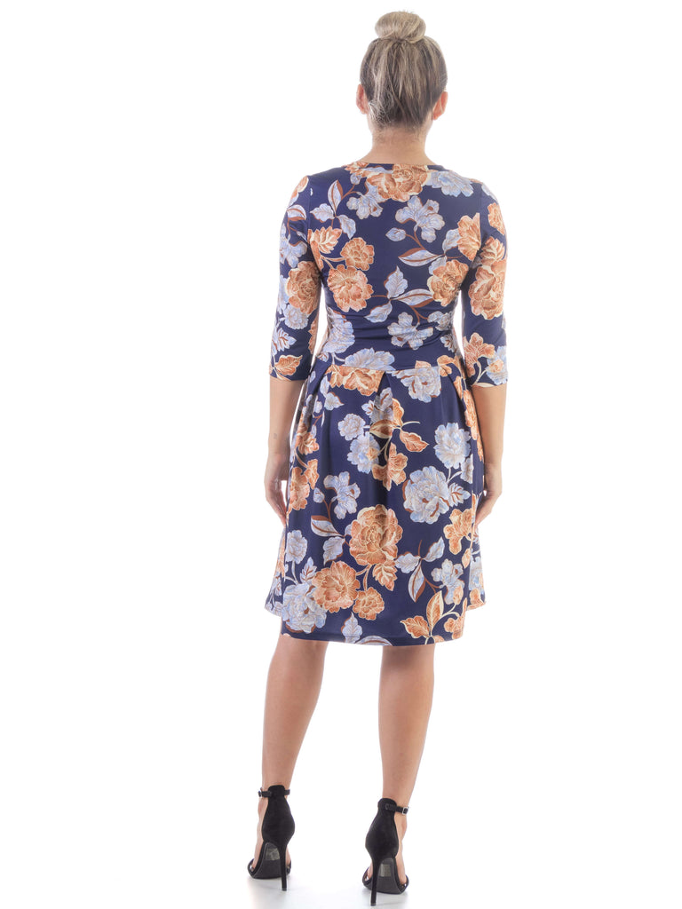 Blue Rose Three Quarter Sleeve Pleated Dress