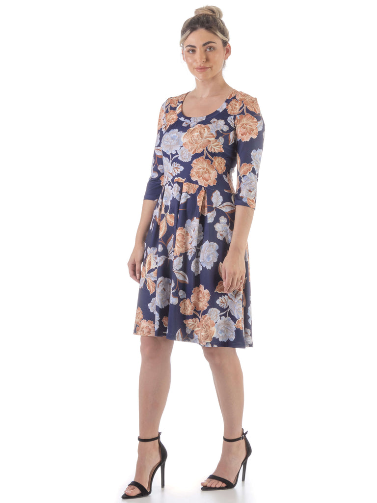 Blue Rose Three Quarter Sleeve Pleated Dress