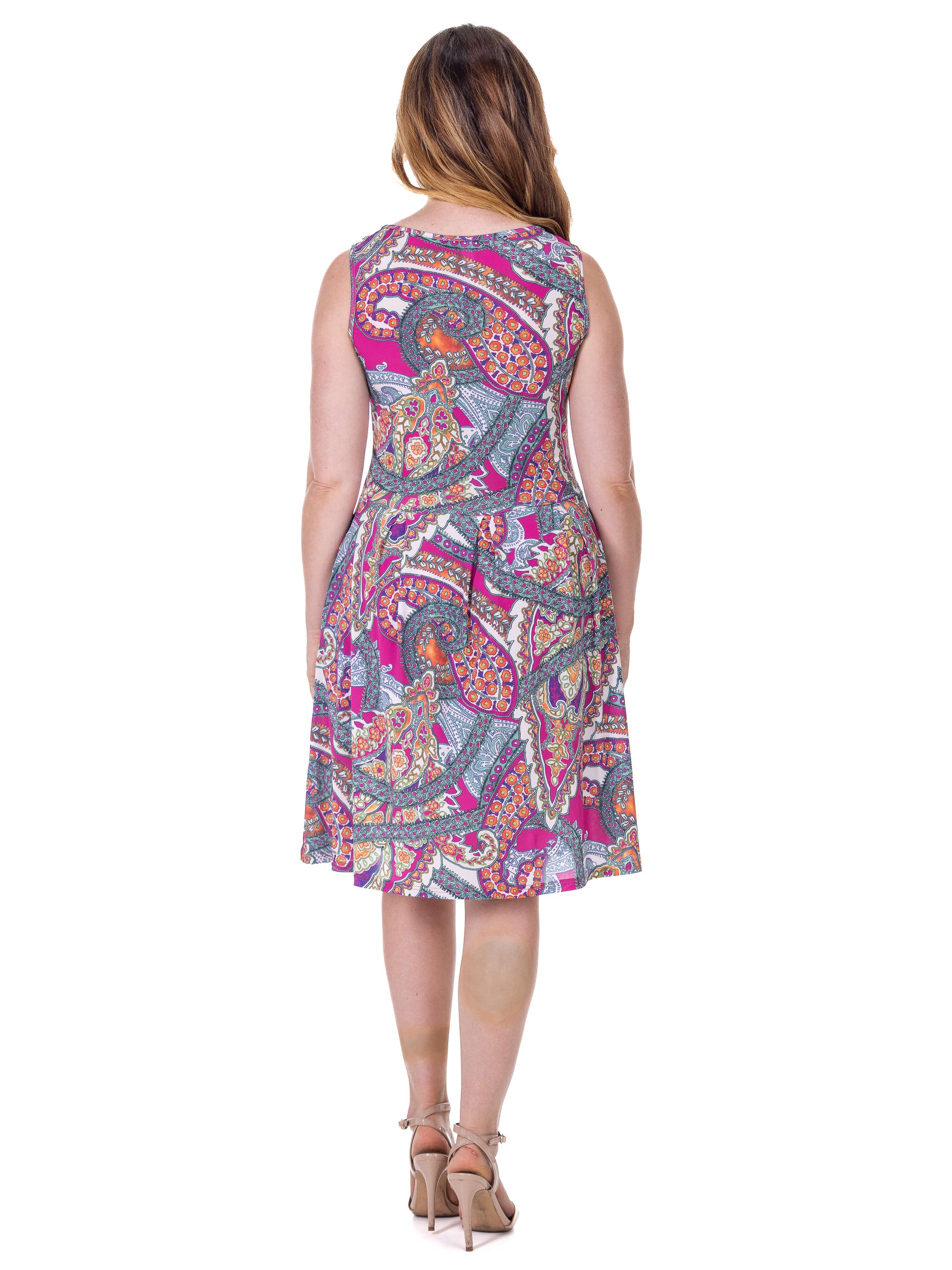 Pink Paisley Print Sleeveless Pleated Knee Length Pocket Dress
