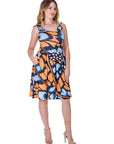 Orange Butterfly Print Sleeveless Pleated Knee Length Pocket Dress