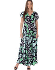 Butterfly Print V Neck Empire Waist Kimono Cap Sleeve Maxi Dress