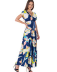 Womens Navy Floral Print V Neck Empire Waist Kimono Cap Sleeve Maxi Dress