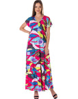Womens Floral Print V Neck Empire Waist Kimono Cap Sleeve Maxi Dress