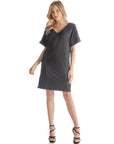 Solid Color Loose Fit V Neck T Shirt Style Womens Knee Length Dress