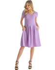 Womens Scoop Neck Knee Length Pleated Pocket Dress
