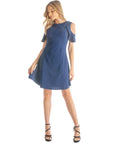 Ruffle Cold Shoulder A Line Knee Length Dress