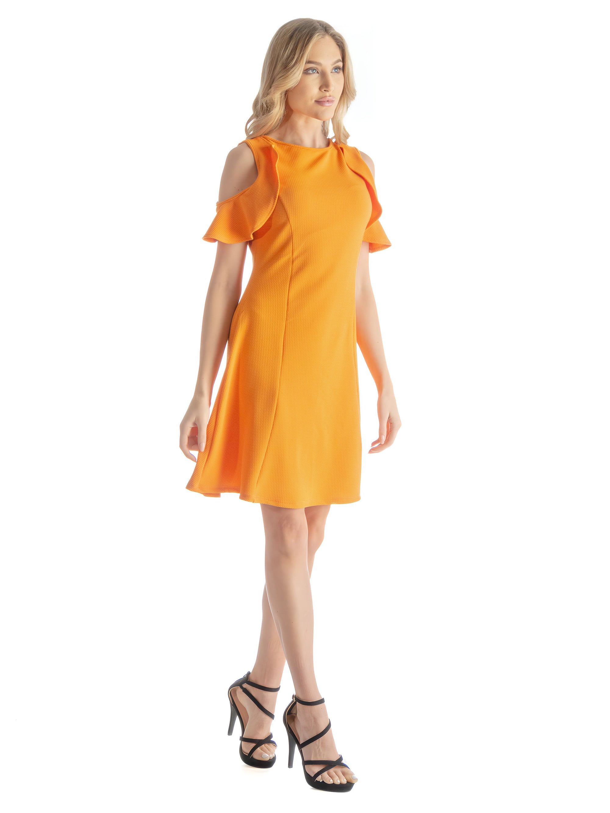 Ruffle Cold Shoulder A Line Knee Length Dress