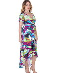Womens Colorful Floral V Neck Belted High Low Faux Wrap Dress