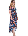 Womens Black Floral V Neck Belted High Low Faux Wrap Dress