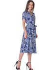Womens Navy and White Short Sleeve Tie Waist Midi Dress
