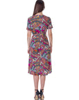 Womens Pink Paisley Short Sleeve Tie Waist Midi Dress