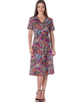 Womens Pink Paisley Short Sleeve Tie Waist Midi Dress