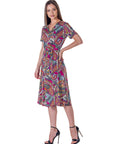 Womens Pink Paisley Short Sleeve Tie Waist Midi Dress