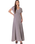 Womens Flutter Sleeve Metallic Knit Maxi Dress Front Slit Empire Waist
