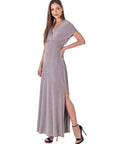 Womens Flutter Sleeve Metallic Knit Maxi Dress Front Slit Empire Waist