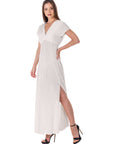 Womens Flutter Sleeve Metallic Knit Maxi Dress Front Slit Empire Waist
