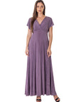 Womens Flutter Sleeve Metallic Knit Maxi Dress Front Slit Empire Waist