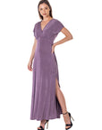 Womens Flutter Sleeve Metallic Knit Maxi Dress Front Slit Empire Waist