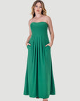 Womens Pleated A Line Strapless Maxi Dress With Pockets
