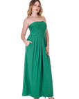 Womens Pleated A Line Strapless Maxi Dress With Pockets