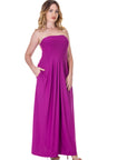 Womens Pleated A Line Strapless Maxi Dress With Pockets