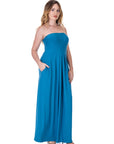 Womens Pleated A Line Strapless Maxi Dress With Pockets