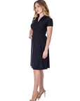 Womens Short Sleeve Knee Length V Neck Rouched Wrap Dress