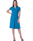 Womens Short Sleeve Knee Length V Neck Rouched Wrap Dress