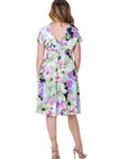 Womens Floral Print V Neck Empire Waist Kimono Cap Sleeve Knee Length Dress