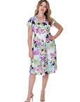 Womens Floral Print V Neck Empire Waist Kimono Cap Sleeve Knee Length Dress