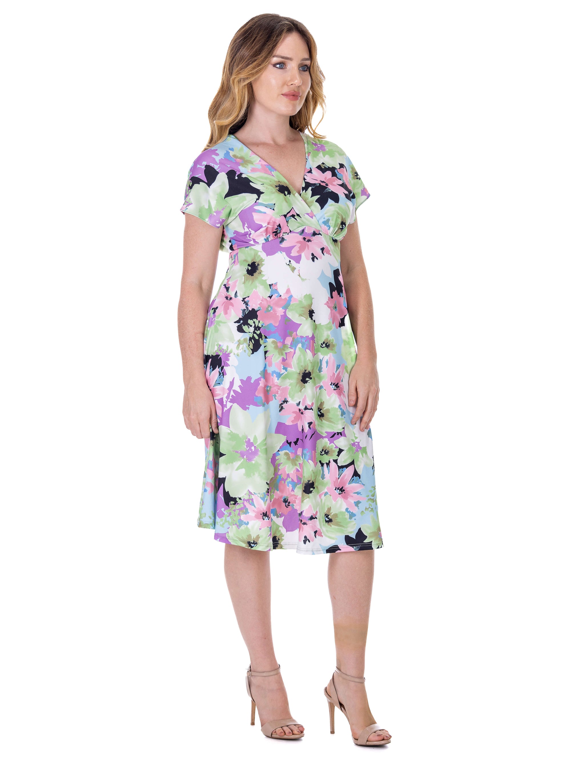 Womens Floral Print V Neck Empire Waist Kimono Cap Sleeve Knee Length Dress