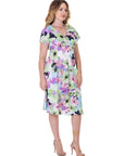 Womens Floral Print V Neck Empire Waist Kimono Cap Sleeve Knee Length Dress