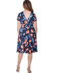 Womens Tulip Print V Neck Empire Waist Kimono Cap Sleeve Knee Length Dress