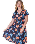 Womens Tulip Print V Neck Empire Waist Kimono Cap Sleeve Knee Length Dress