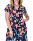 Womens Tulip Print V Neck Empire Waist Kimono Cap Sleeve Knee Length Dress
