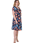 Womens Tulip Print V Neck Empire Waist Kimono Cap Sleeve Knee Length Dress