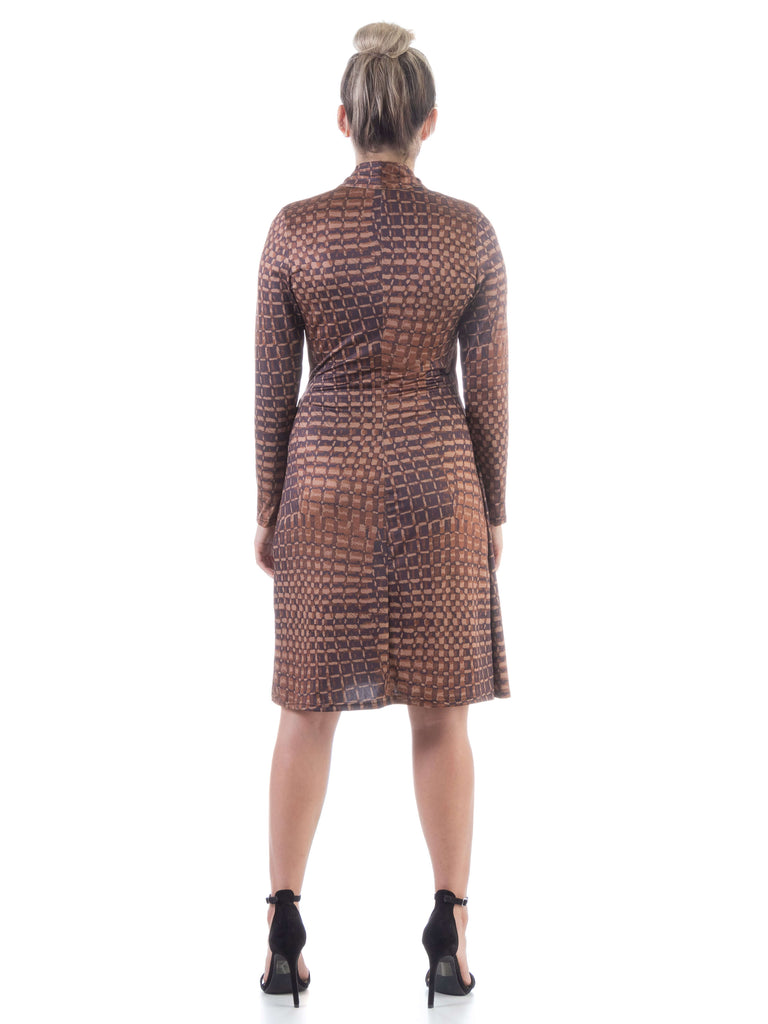 Brown Long Sleeve Knee Length Wrap Dress