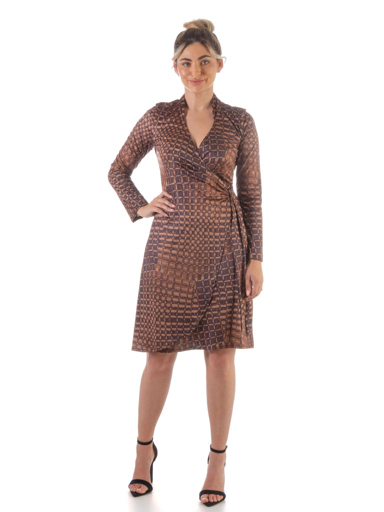 Brown Long Sleeve Knee Length Wrap Dress