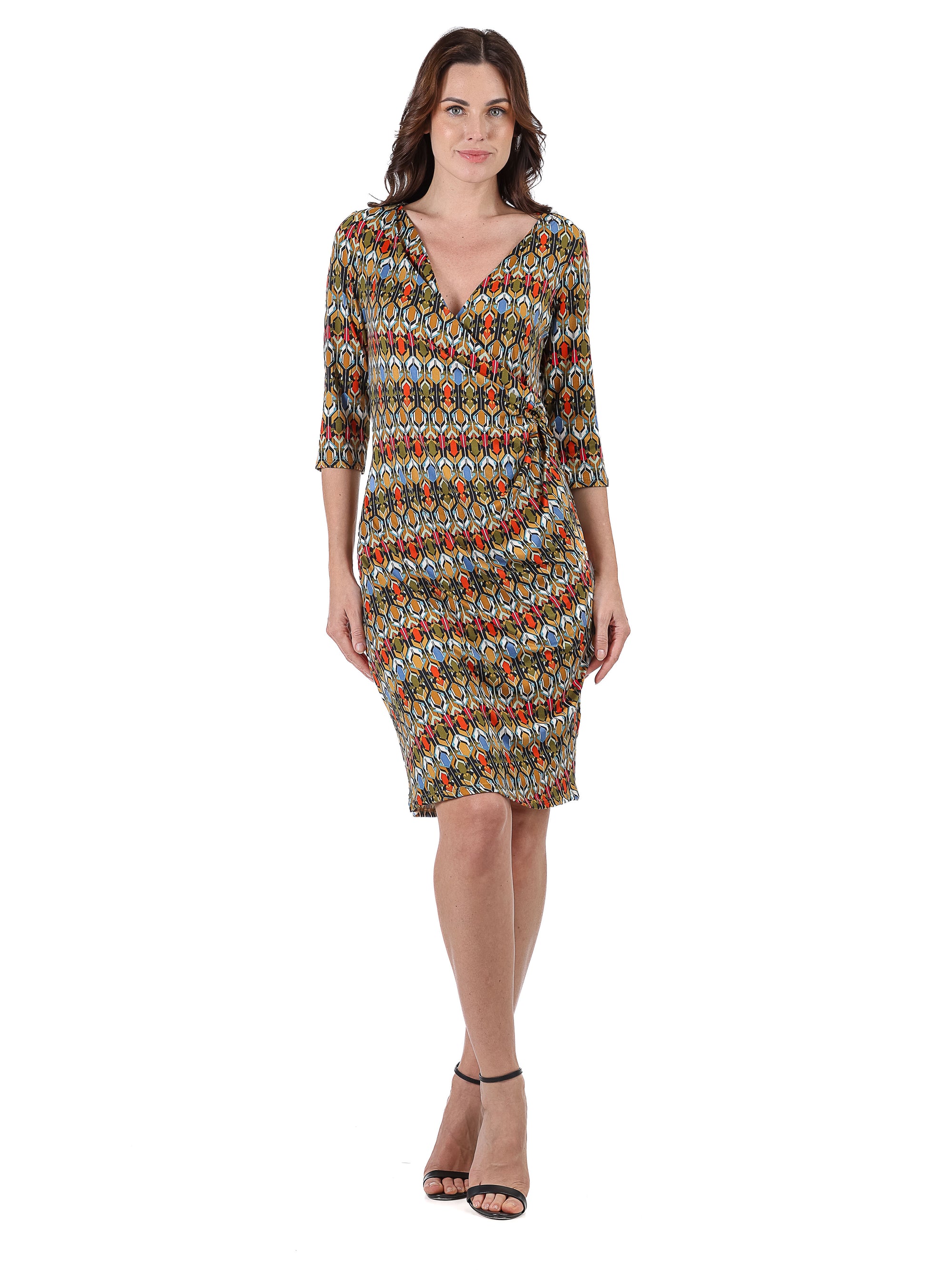 Fall Geometric Print Knee Length Faux Wrap Dress