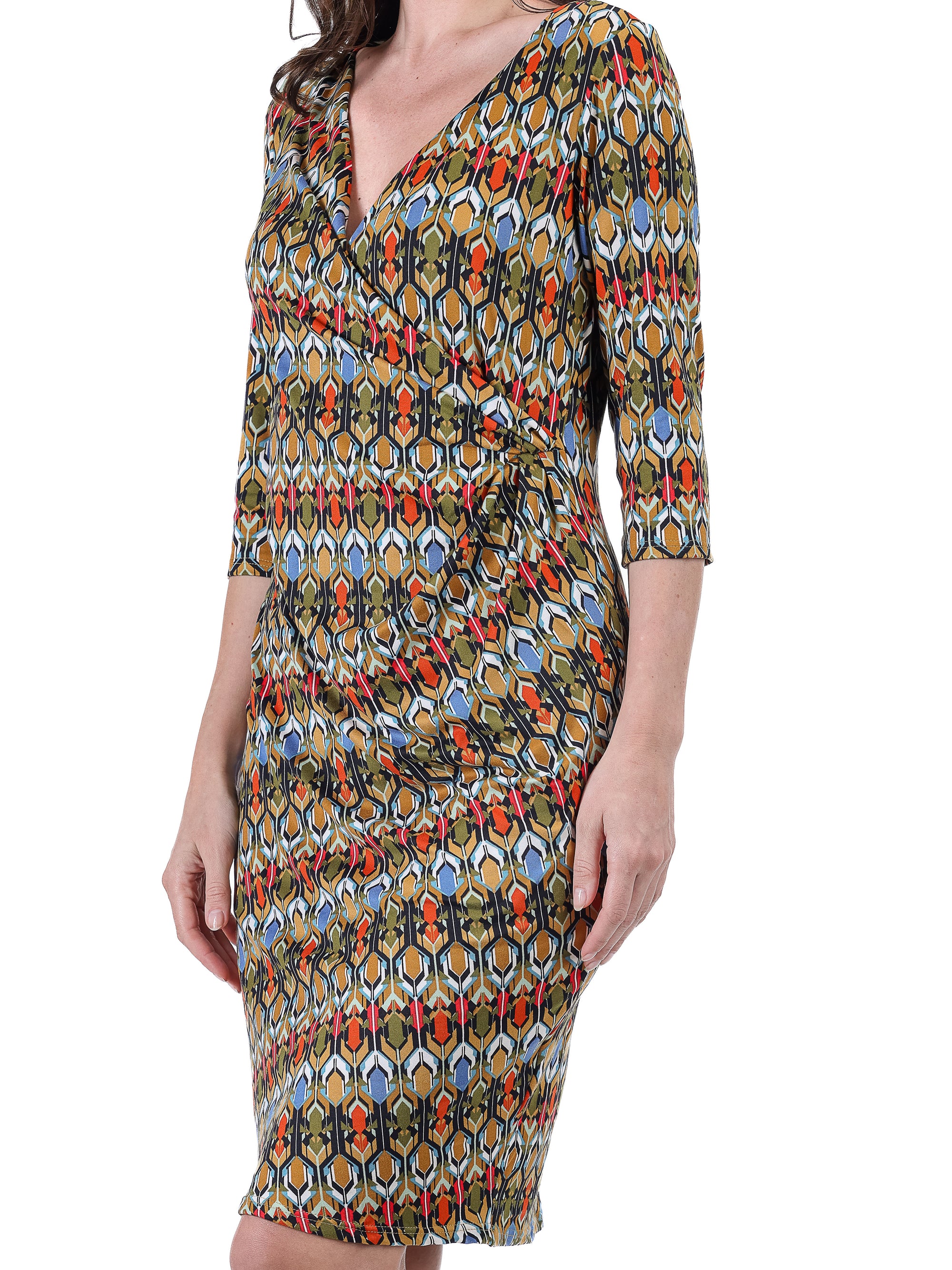 Fall Geometric Print Knee Length Faux Wrap Dress