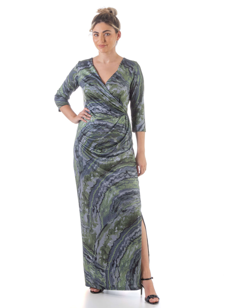 24seven Comfort Appare Green Faux Wrap Side Slit Plus Size Maxi Dress