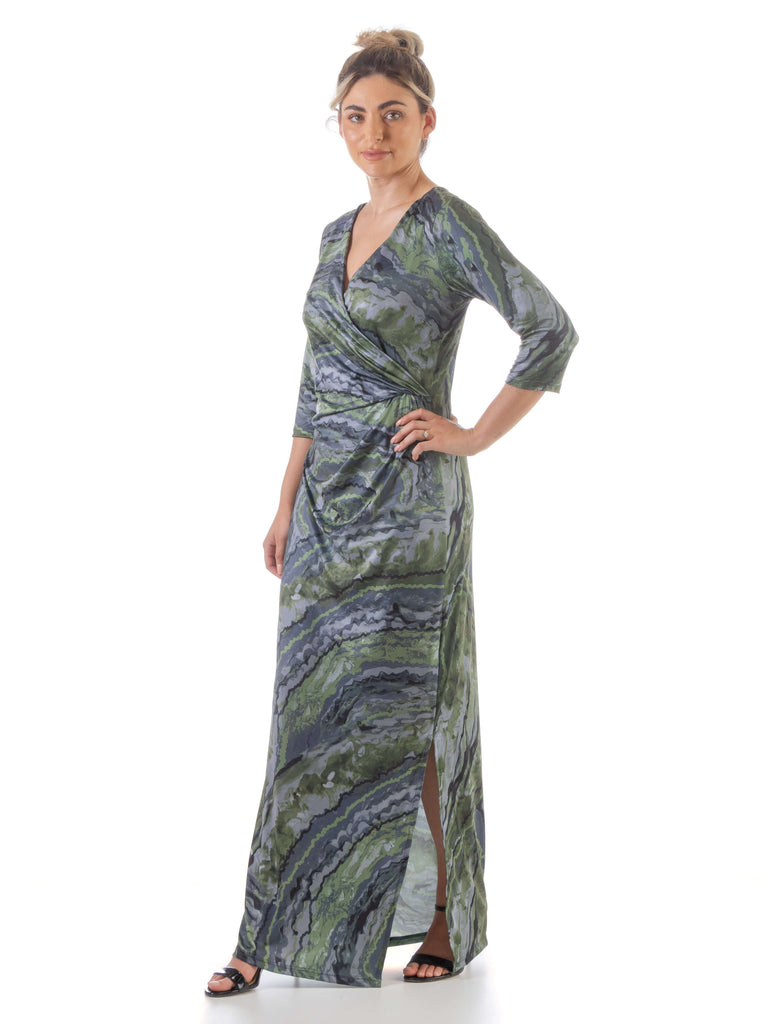 24seven Comfort Appare Green Faux Wrap Side Slit Plus Size Maxi Dress