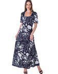 Womens  Black and White Elbow Sleeve Casual A Line Maxi Dress