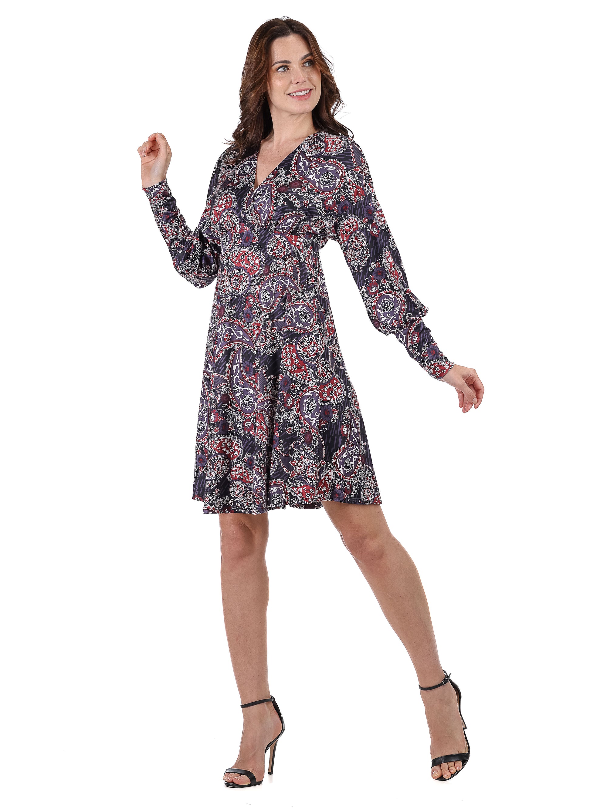 Grey Paisley Dolman Long Sleeve Cocktail Dress