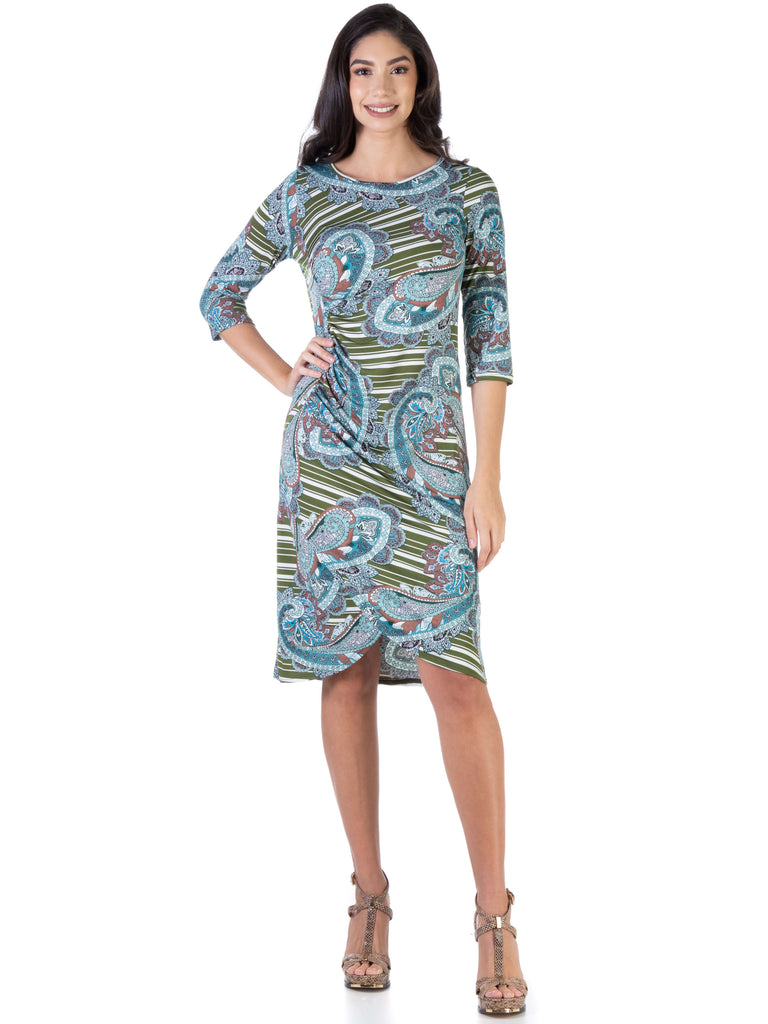 24seven Comfort Apparel Women's Paisley Long Sleeve Cocktail Dress