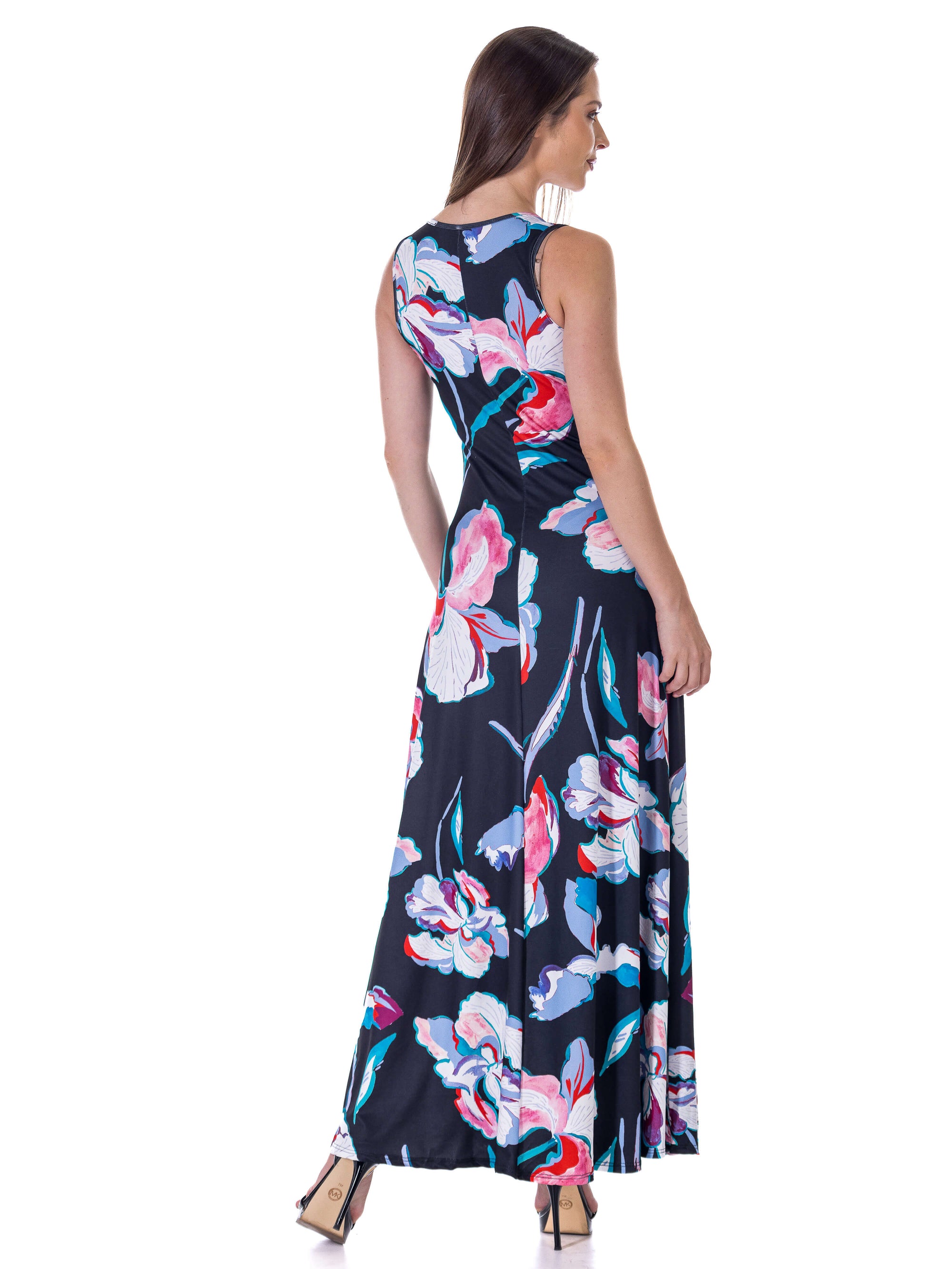 Womens Black Floral Print Scoop Neck A Line Sleeveless Maxi Dress