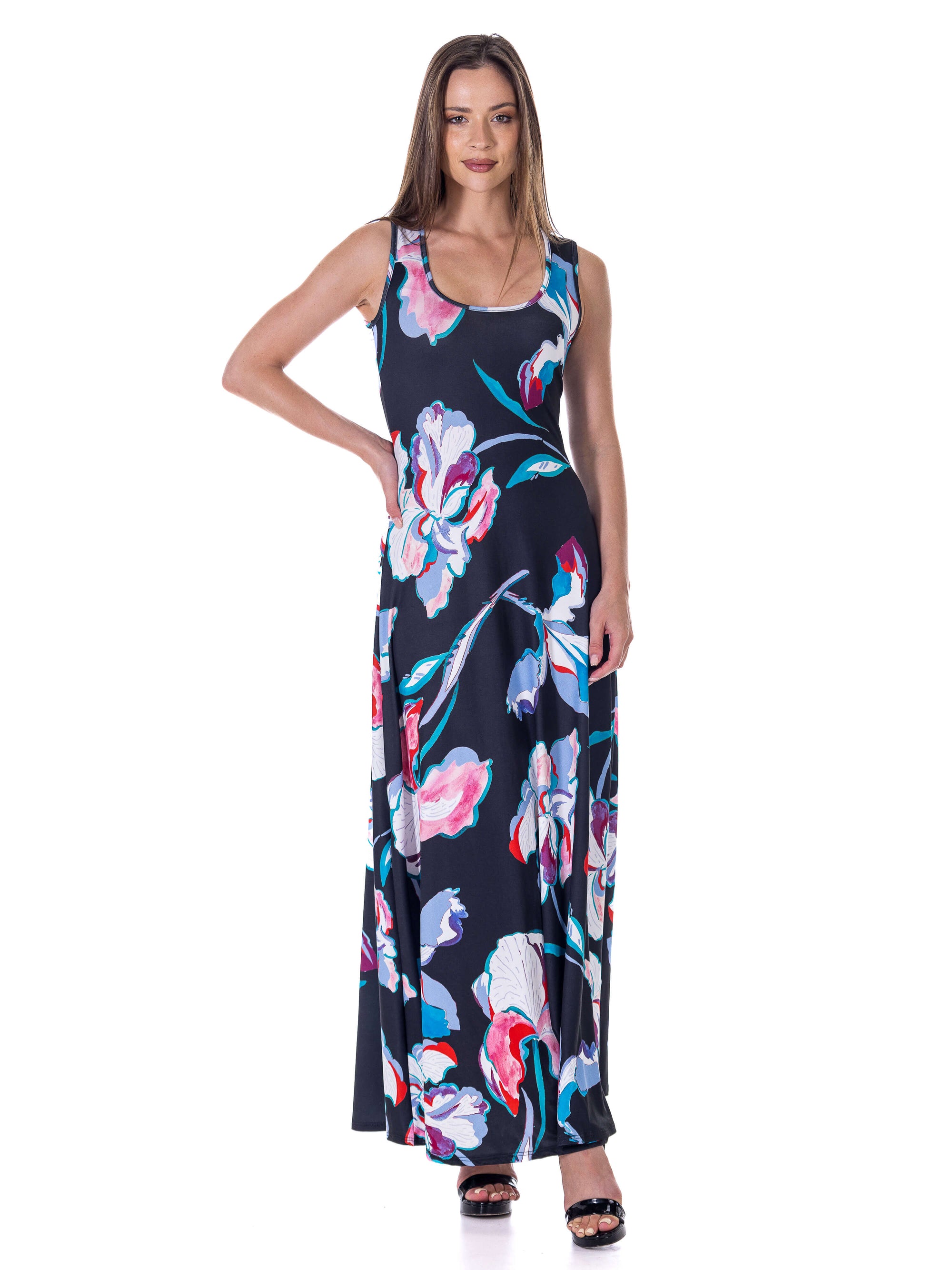 Womens Black Floral Print Scoop Neck A Line Sleeveless Maxi Dress