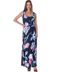 Womens Black Floral Print Scoop Neck A Line Sleeveless Maxi Dress