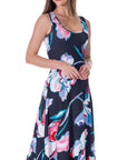 Womens Black Floral Print Scoop Neck A Line Sleeveless Maxi Dress